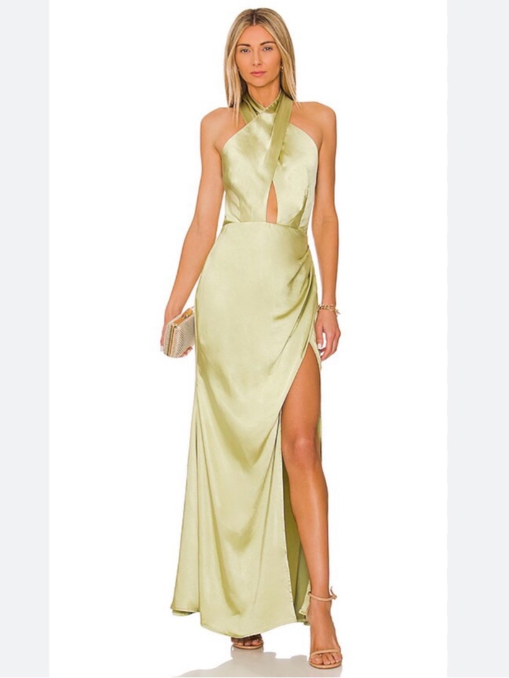 Elliatt Begonia Maxi Dress in Avocado - Satin Halter Neck